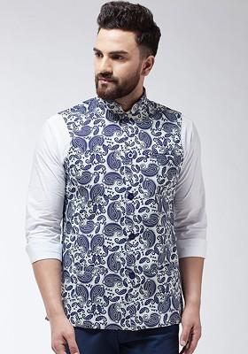 Cream Printed Poly Blend Nehru Jackets For Men