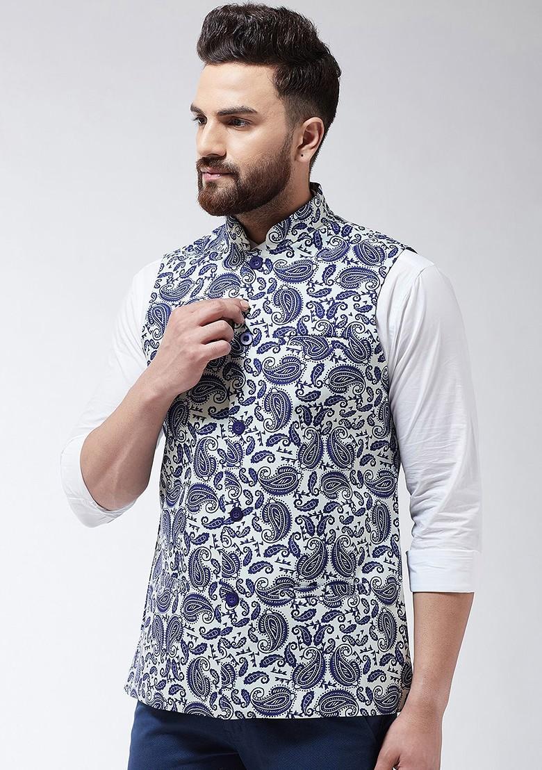 Cream Printed Poly Blend Nehru Jackets For Men