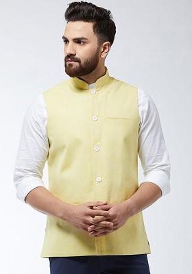 Yellow Solid Poly Blend Nehru Jackets For Men