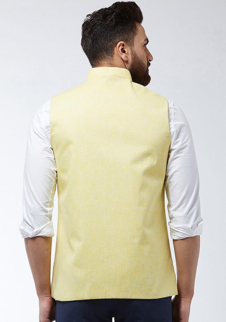 Yellow Solid Poly Blend Nehru Jackets For Men