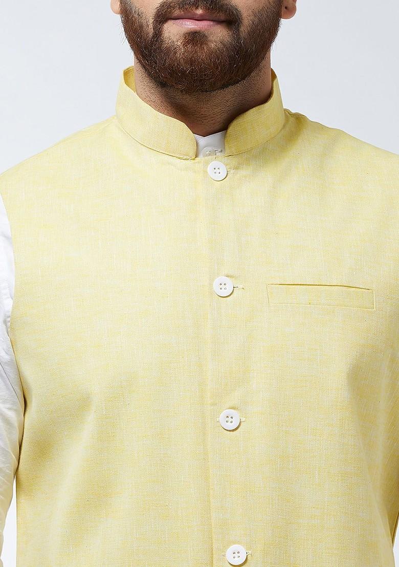Yellow Solid Poly Blend Nehru Jackets For Men