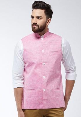 Pink Solid Poly Blend Nehru Jackets For Men