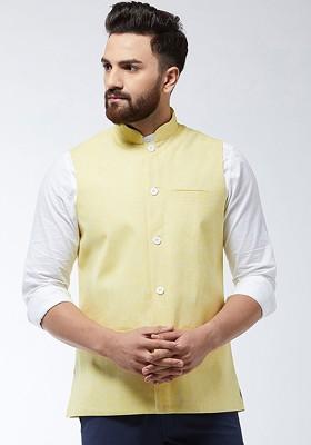 Yellow Solid Poly Blend Nehru Jackets For Men