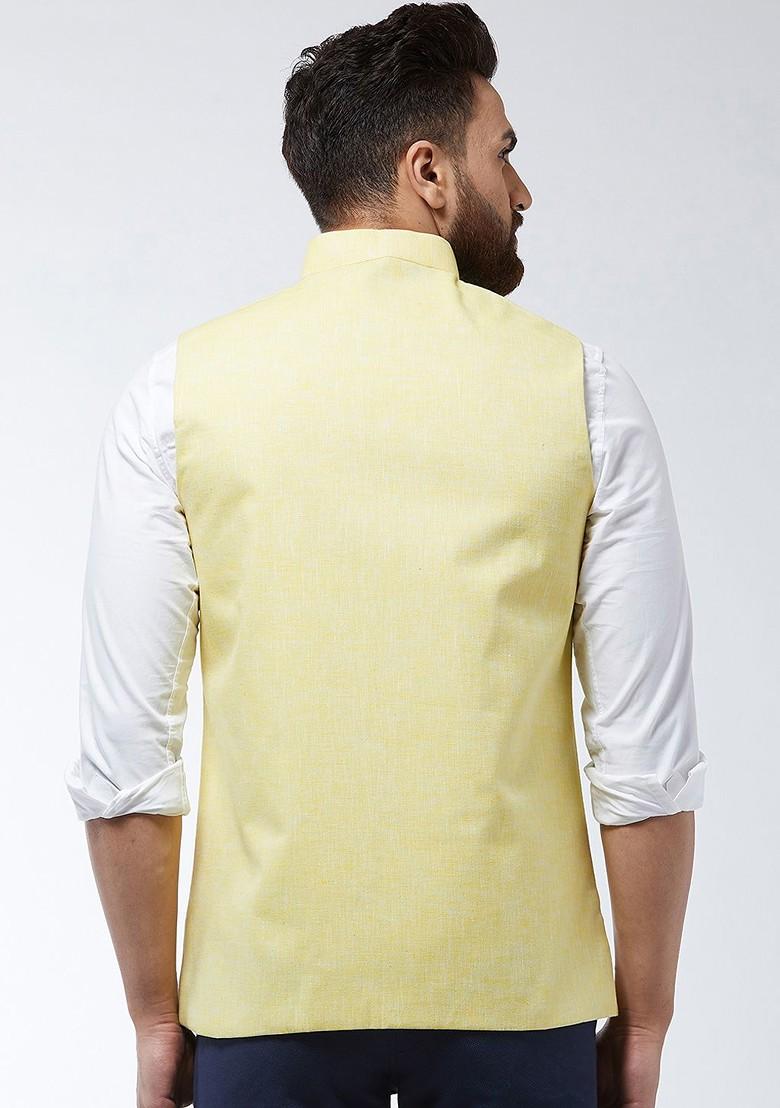 Yellow Solid Poly Blend Nehru Jackets For Men
