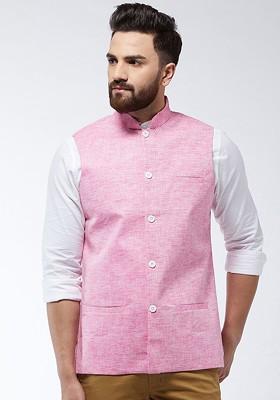 Pink Solid Poly Blend Nehru Jackets For Men