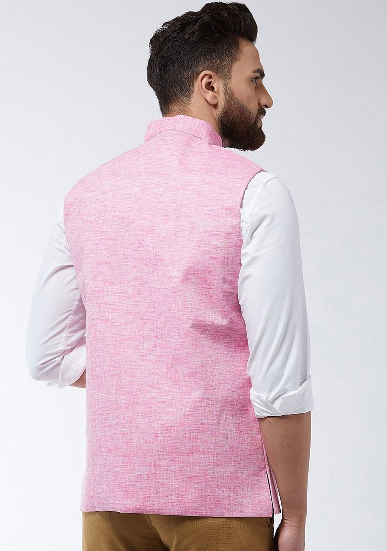 Pink Solid Poly Blend Nehru Jackets For Men
