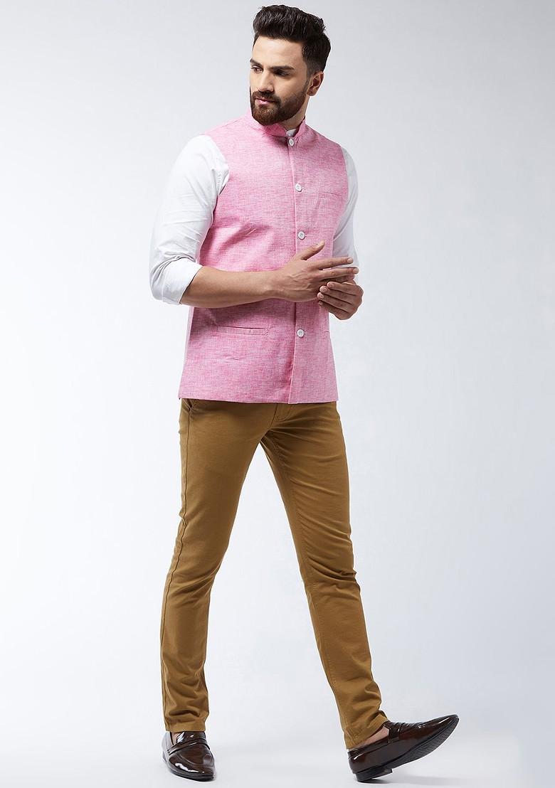 Pink Solid Poly Blend Nehru Jackets For Men