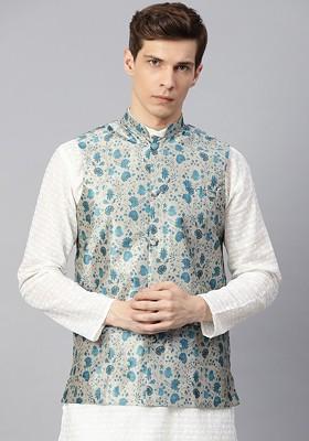 Grey Printed Poly Blend Nehru Jackets For Men