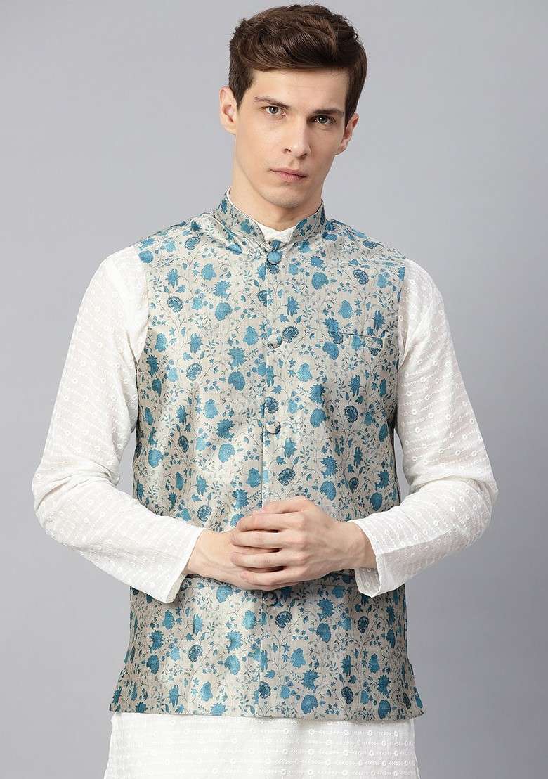 Grey Printed Poly Blend Nehru Jackets For Men - Indya