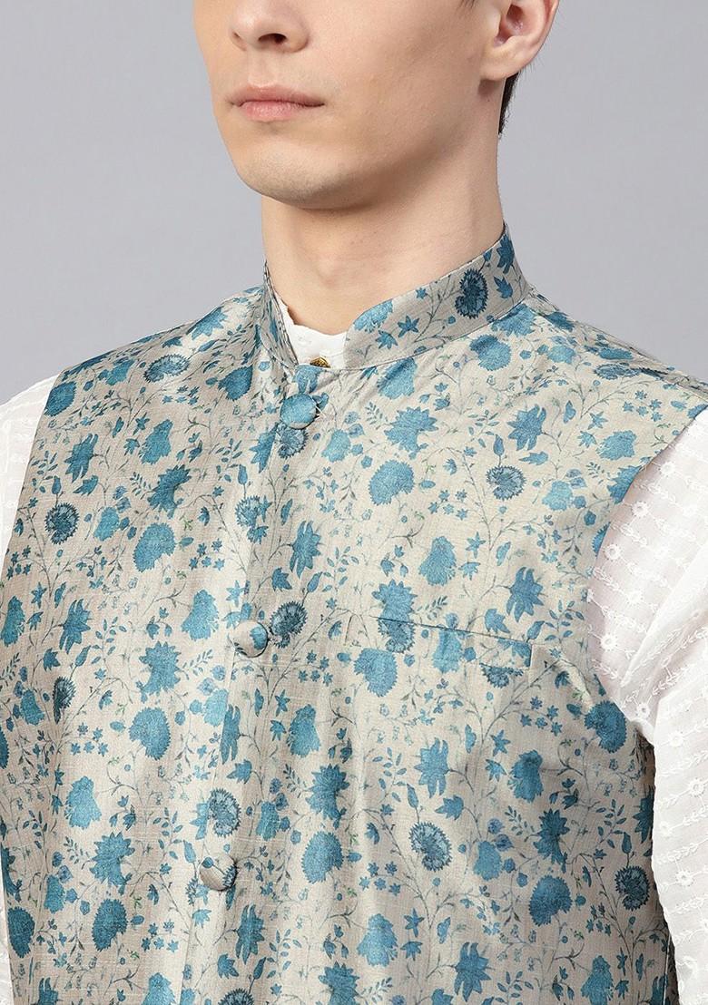 Grey Printed Poly Blend Nehru Jackets For Men