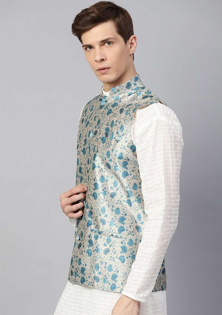 Grey Printed Poly Blend Nehru Jackets For Men - Indya
