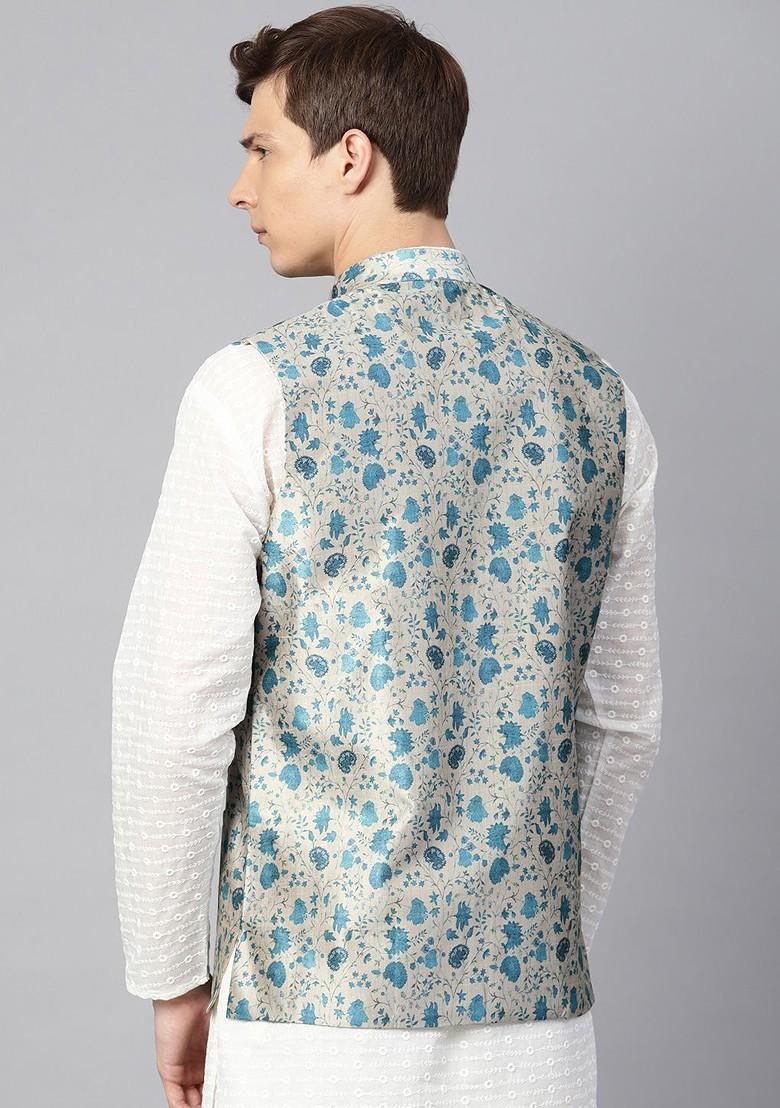 Grey Printed Poly Blend Nehru Jackets For Men
