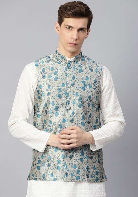 Grey Printed Poly Blend Nehru Jackets For Men