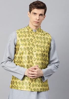 Yellow Printed Poly Blend Nehru Jackets For Men