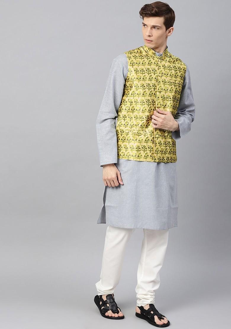 Yellow Printed Poly Blend Nehru Jackets For Men