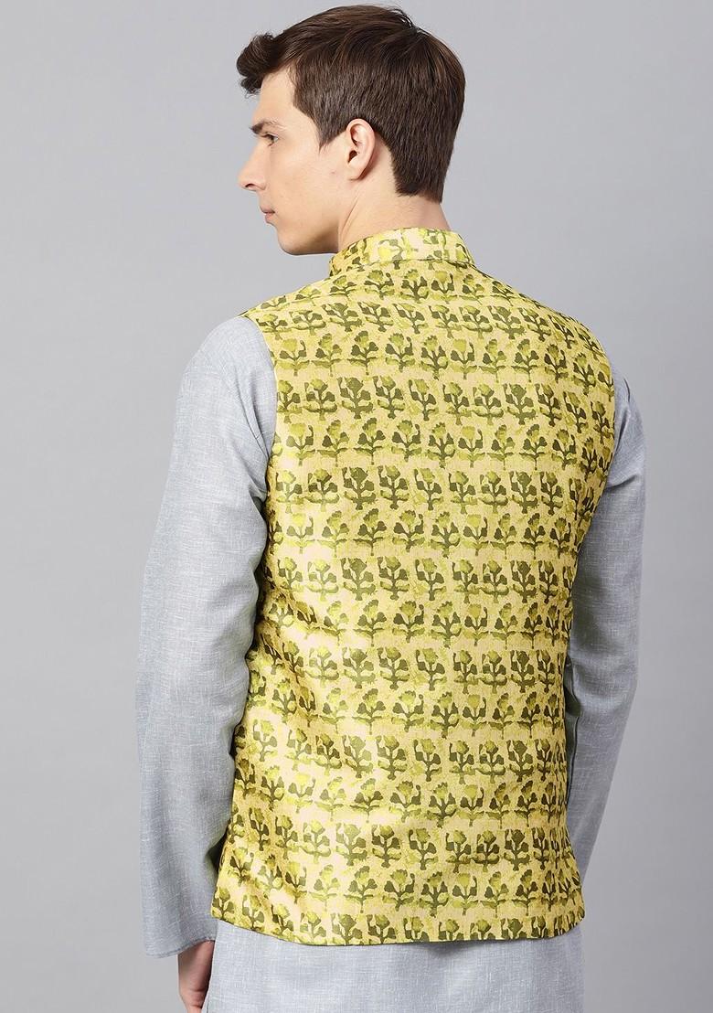 Yellow Printed Poly Blend Nehru Jackets For Men