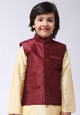 Maroon Solid Poly Blend Nehru Jackets For Men