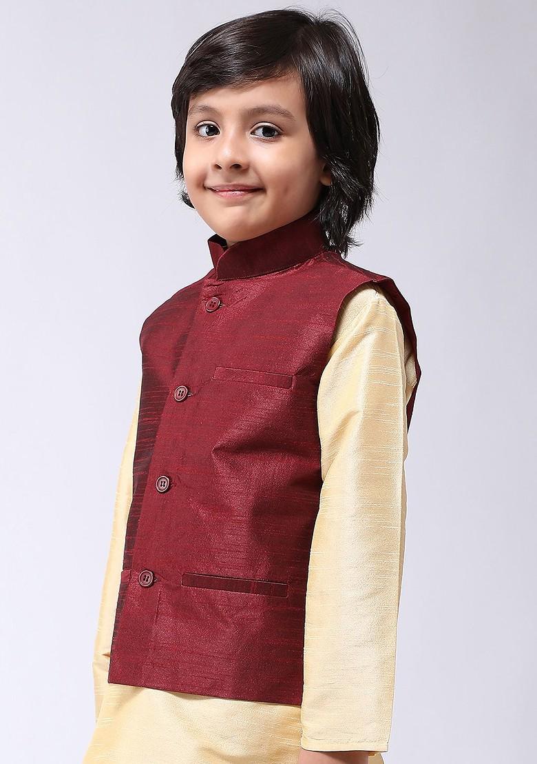 Maroon Solid Poly Blend Nehru Jackets For Men