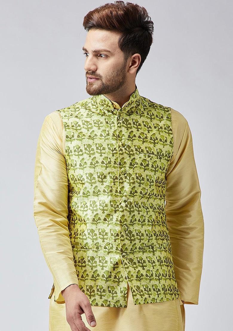 Green Printed Poly Blend Nehru Jackets For Men