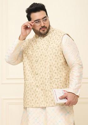 Beige Ethnic Motifs Cotton Nehru Jackets For Men