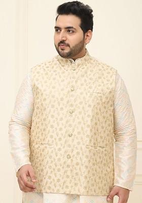 Beige Printed Poly Blend Nehru Jackets For Men