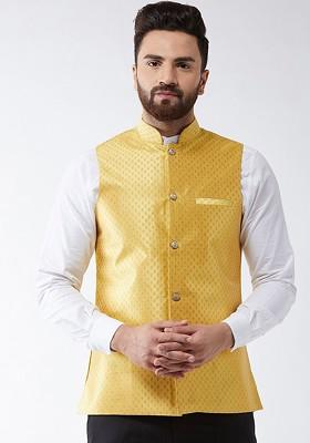 Yellow Woven Poly Blend Nehru Jackets For Men