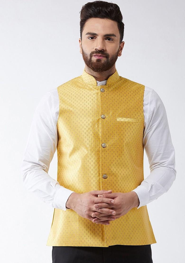 Yellow Woven Poly Blend Nehru Jackets For Men