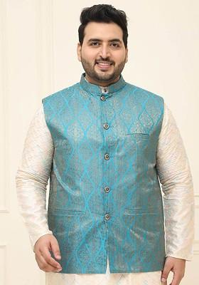 Teal Blue Printed Poly Blend Nehru Jackets For Men