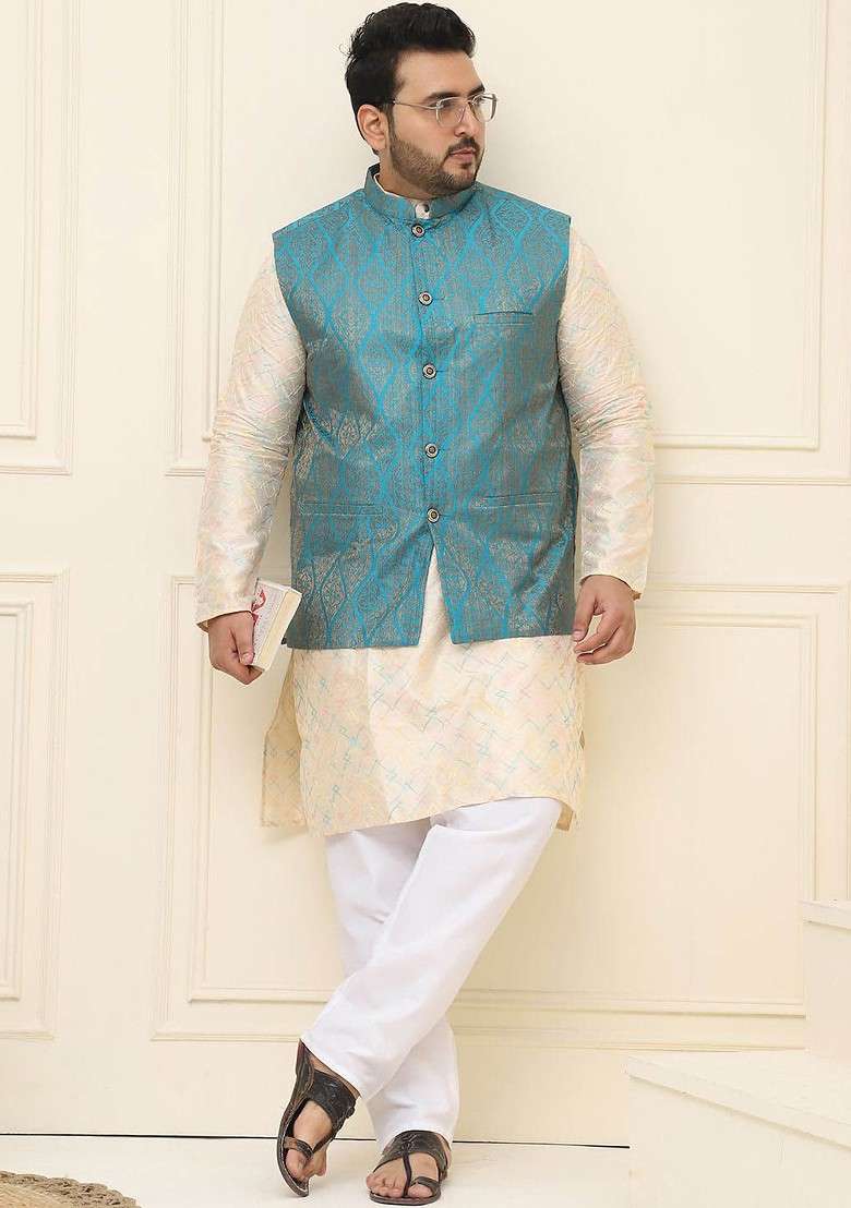 Teal Blue Printed Poly Blend Nehru Jackets For Men - Indya