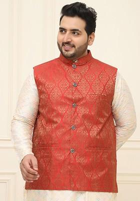 Red Woven Jacquard Nehru Jackets For Men