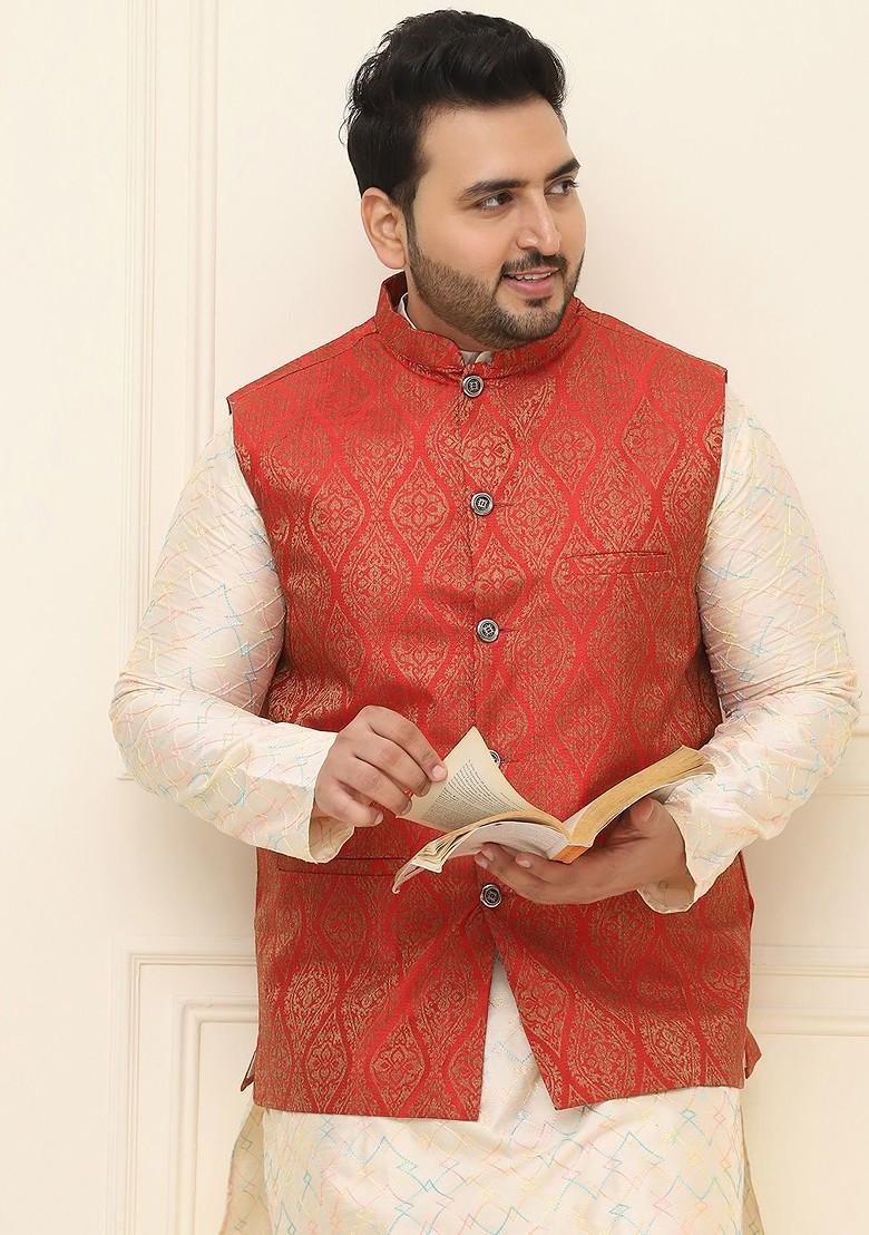 Red Woven Jacquard Nehru Jackets For Men