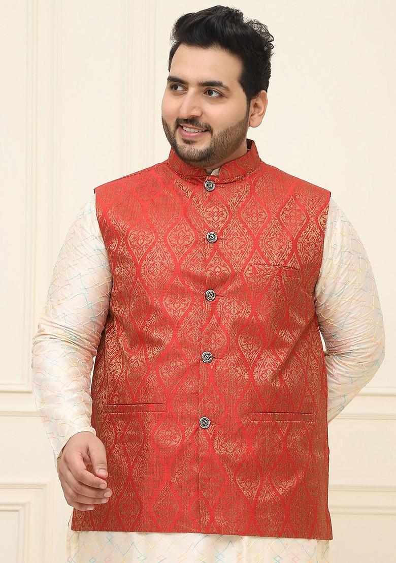 Red Woven Jacquard Nehru Jackets For Men