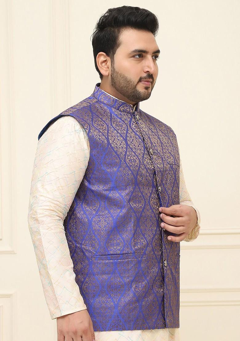 Blue Woven Poly Blend Nehru Jackets For Men