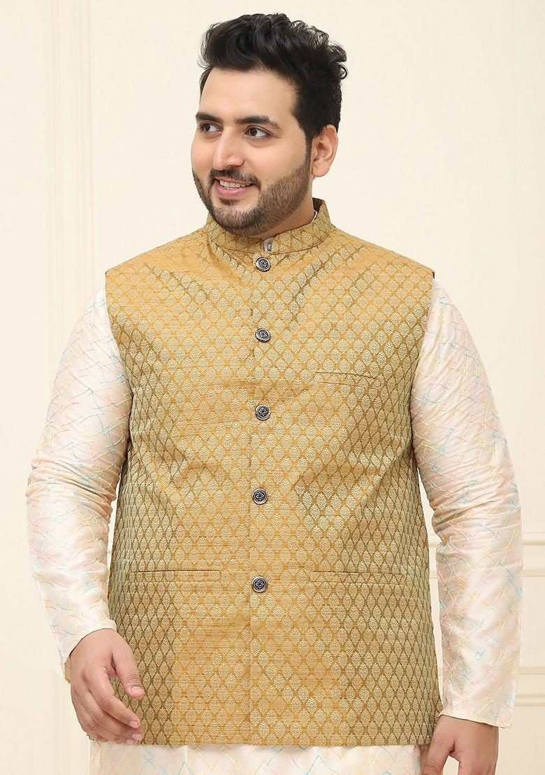 Mustard Woven Poly Blend Nehru Jackets For Men