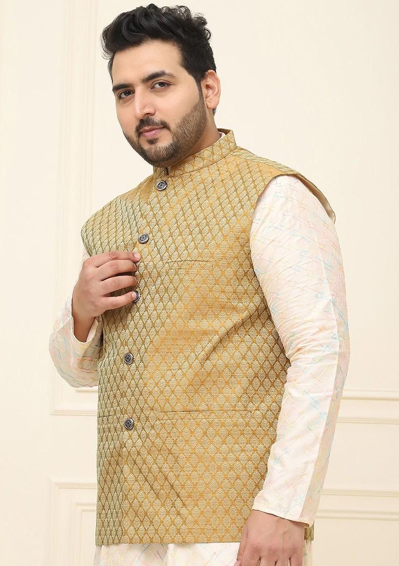 Mustard Woven Poly Blend Nehru Jackets For Men