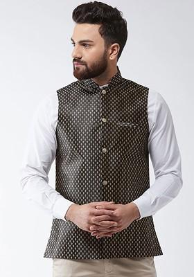 Black Printed Poly Blend Nehru Jackets For Men