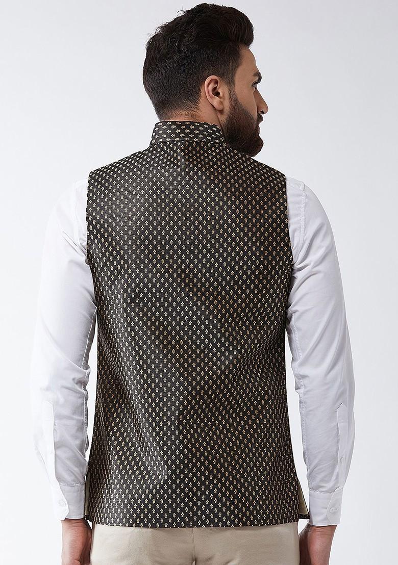 Black Printed Poly Blend Nehru Jackets For Men