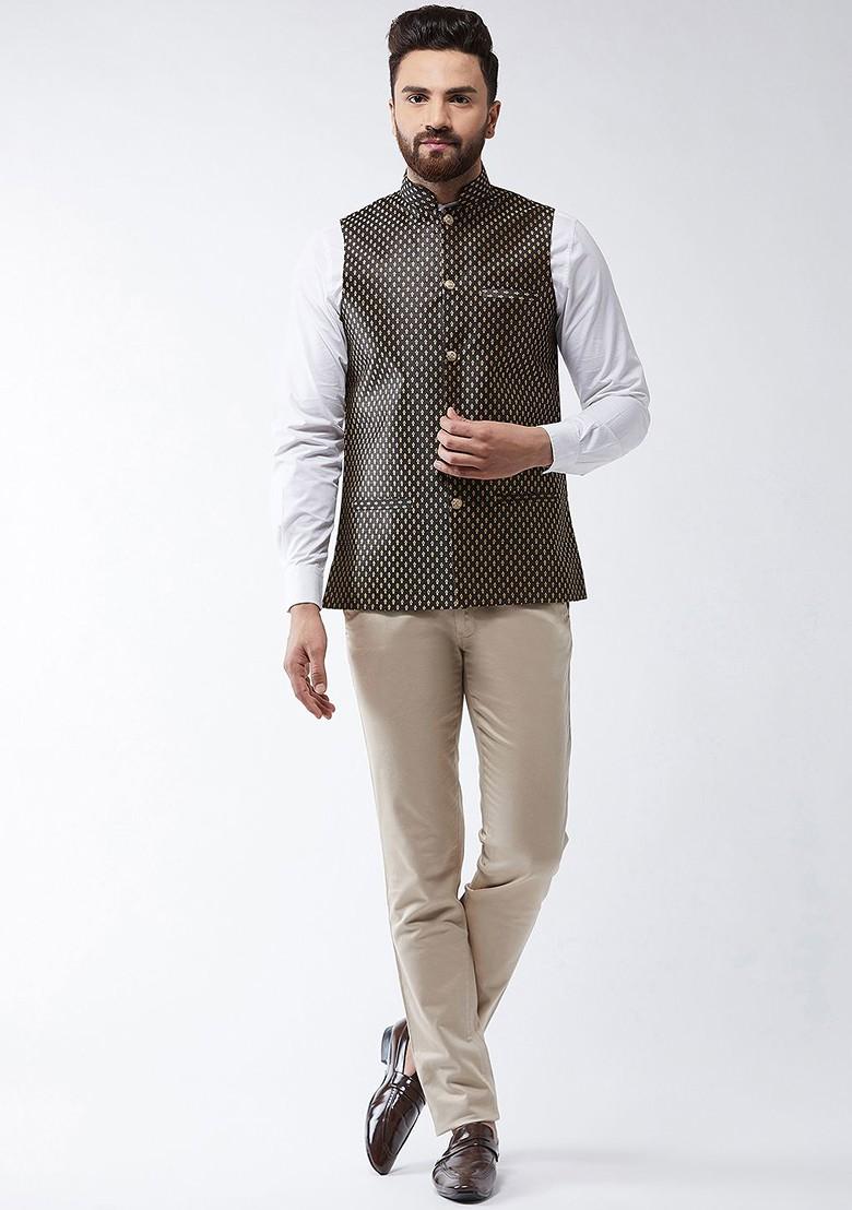Black Printed Poly Blend Nehru Jackets For Men