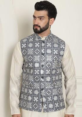 Grey Embroidered Poly Blend Nehru Jackets For Men