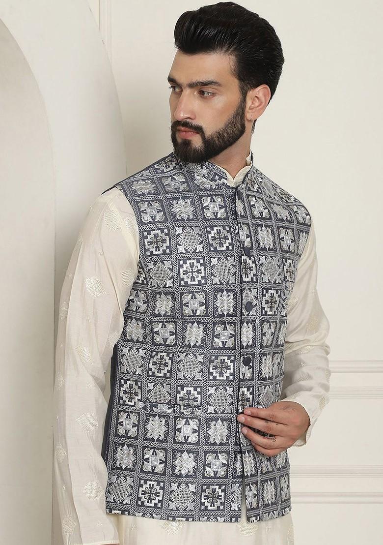 Grey Embroidered Poly Blend Nehru Jackets For Men