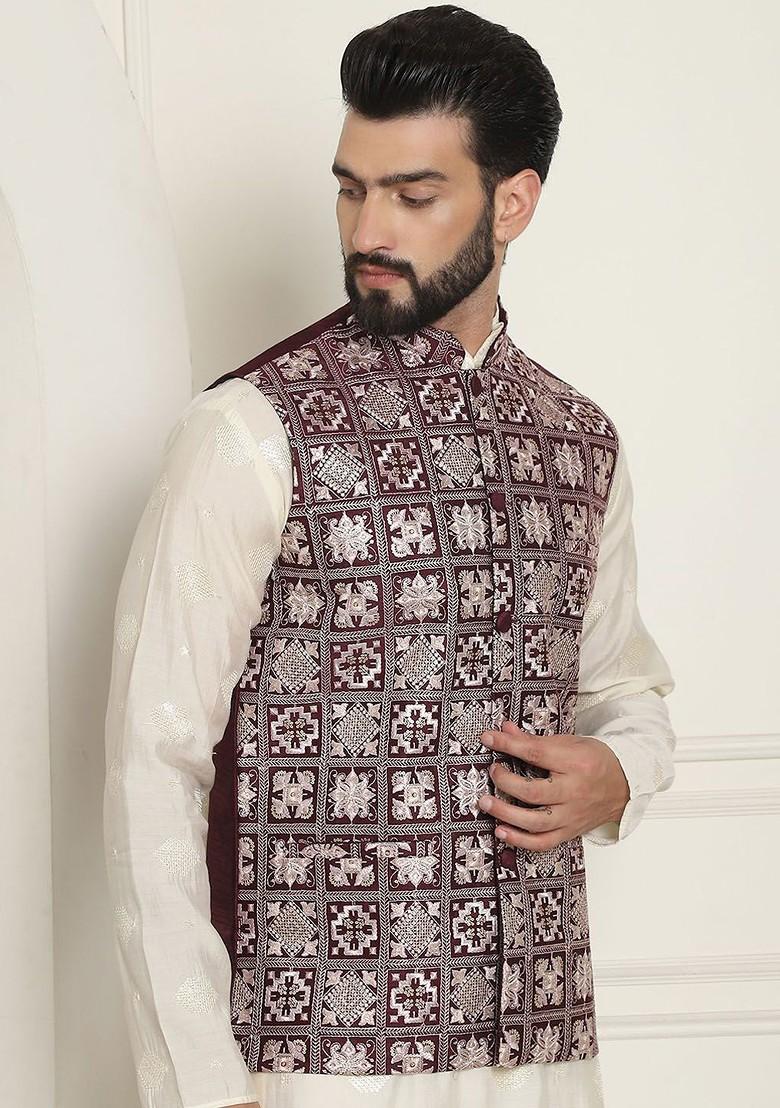 Maroon Embroidered Poly Blend Nehru Jackets For Men