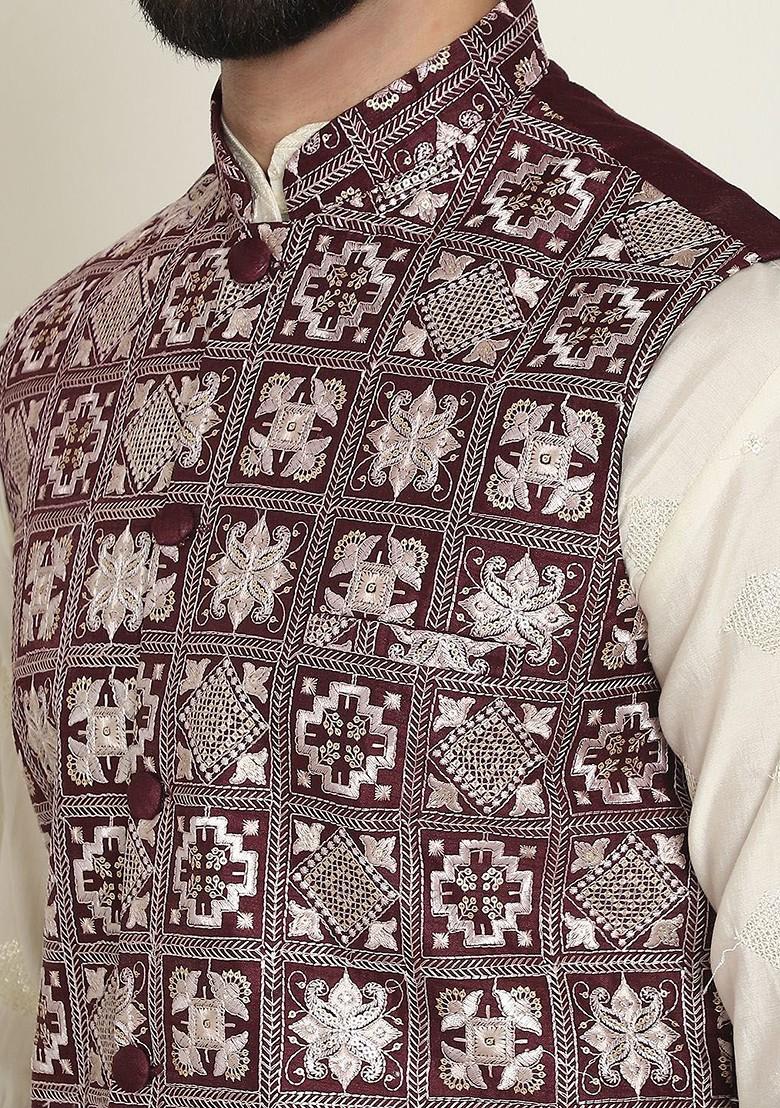 Maroon Embroidered Poly Blend Nehru Jackets For Men