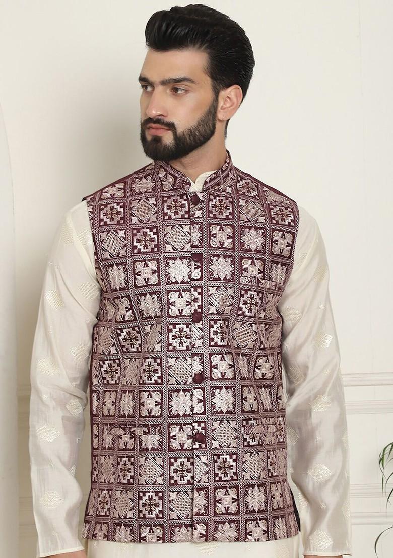 Maroon Embroidered Poly Blend Nehru Jackets For Men