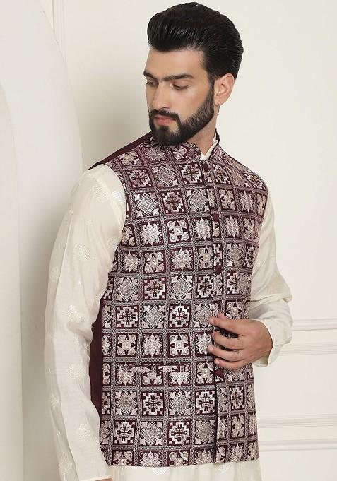 Maroon Embroidered Poly Blend Nehru Jackets For Men