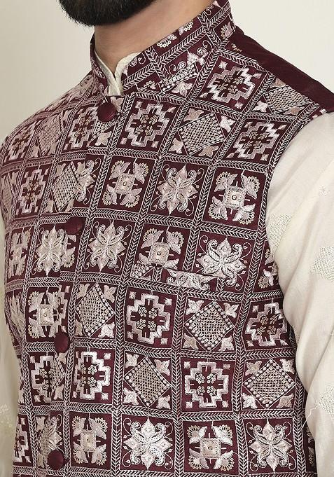 Maroon Embroidered Poly Blend Nehru Jackets For Men