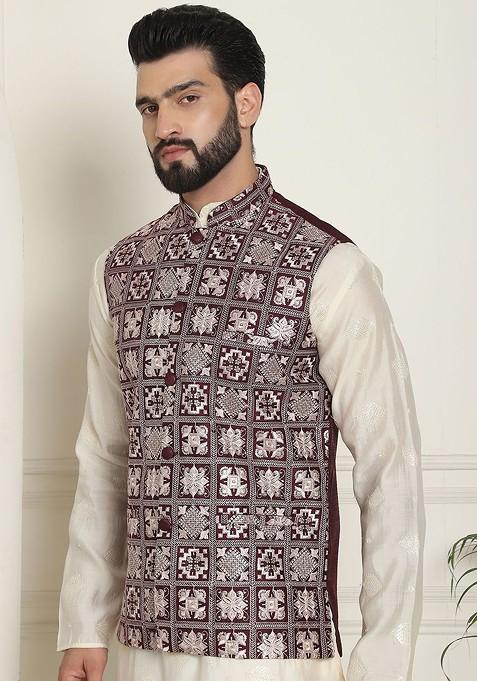 Maroon Embroidered Poly Blend Nehru Jackets For Men
