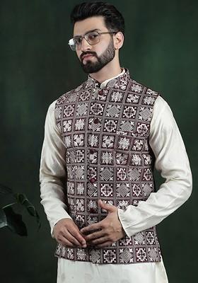 Maroon Embroidered Poly Blend Nehru Jackets For Men