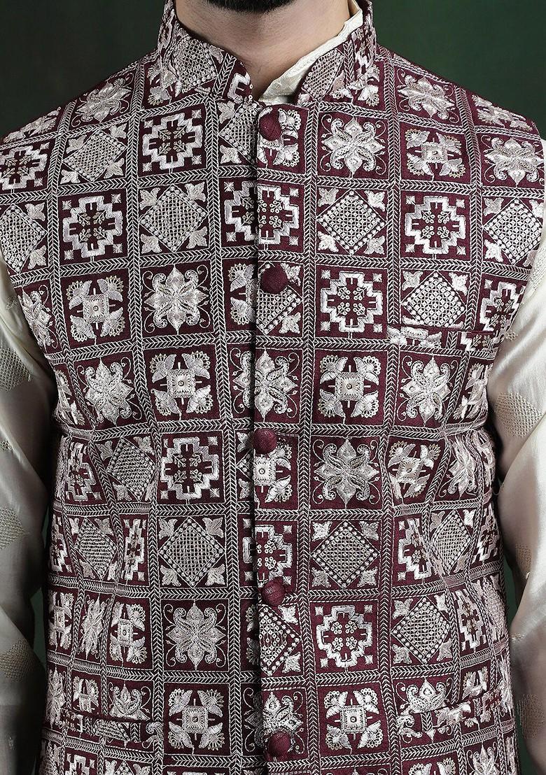 Maroon Embroidered Poly Blend Nehru Jackets For Men