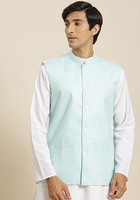 Blue Solid Cotton Nehru Jackets For Men