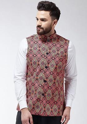 Pink Printed Poly Blend Nehru Jackets For Men